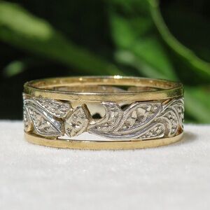 14k 2 Tone Gold Cut Out Leaf Design Ring Band Size 11 6.2g